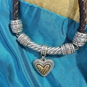 Brighton Silver and Gold Heart Pendant braided leather Necklace retired 4194 L